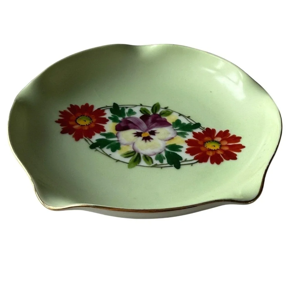 Erphila Bavaria Pansy Dish Hand Painted Celadon Green Porcelain Ring Dish 1920s